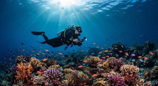 Illustration of sunlight above a coral reef and a diver